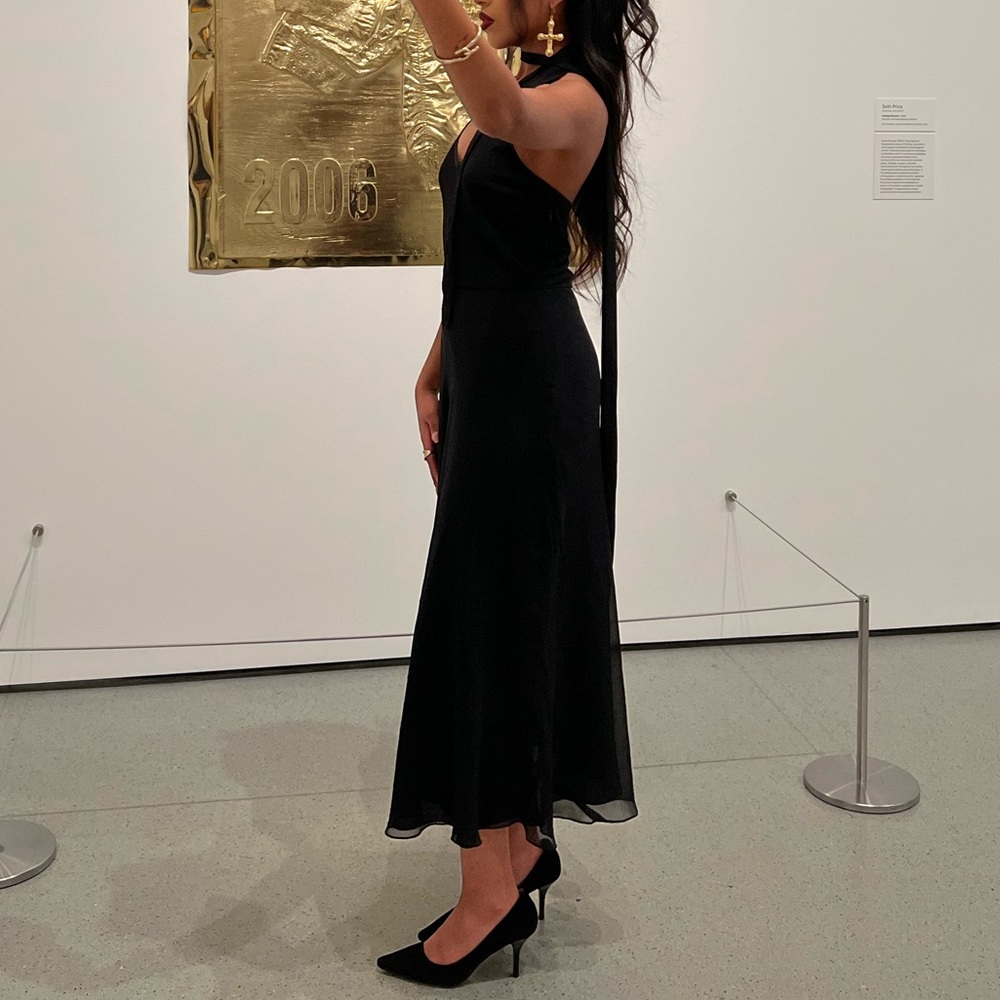 Black halter maxi dress and skinny scarf
